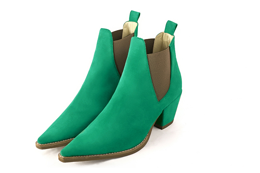 Emerald green and taupe brown women's ankle boots, with elastics. Pointed toe. Medium cone heels. Front view - Florence KOOIJMAN